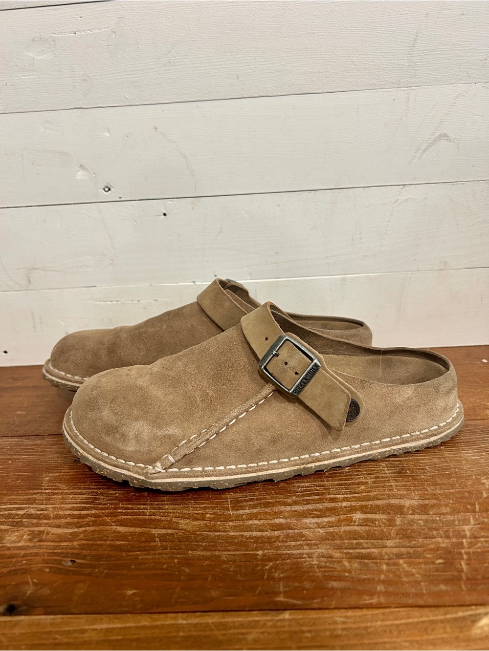 Birkenstock Women's Suede Clog Mule in Light Brown with Buckle